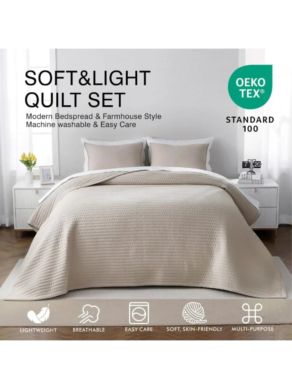 XL King Lightweight Quilt Set 108x98 in, Cozy Oatmeal Bedding for All Seasons